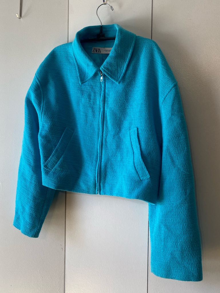 Zara Collared Cropped Textured Tweed Bomber Zip Jacket In Teal Sky Blue Medium
